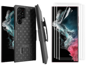 Belt Clip Case and 3 Pack Screen Protector, Fingerprint Works Anti-Glare Kickstand Cover TPU Film Swivel Holster - TNKZ53+3Z34