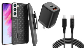 Belt Clip Case and Fast Home Charger Combo, 2-Port Quick Charge Kickstand Cover 6ft Long USB-C Cable PD Type-C Power Adapter Swivel Holster - TNKZ54+G88