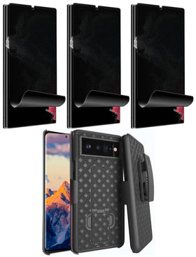 Belt Clip Case and 3 Pack Privacy Screen Protector, Anti-Spy Anti-Peep Kickstand Cover TPU Film Swivel Holster - TNKZ09+3Z28