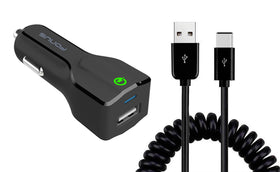 Car Charger, Quick Charge Type-C Coiled Cable USB Port 18W Fast - TNKM14