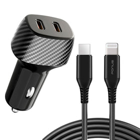 Fast Car Charger, DC Socket Plug-in Power Adapter 6ft Long MFI PD Cable 2-Port USB-C 60W - TNKF08+E25