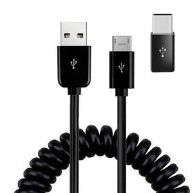 Coiled USB Cable, Black Sync Power Wire Micro-USB to USB-C Adapter Charger Cord - TNKK81