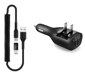2-in-1 Car Home Charger, Black Power Wire Charger Cord Micro-USB to USB-C Adapter Coiled USB Cable - TNKE96