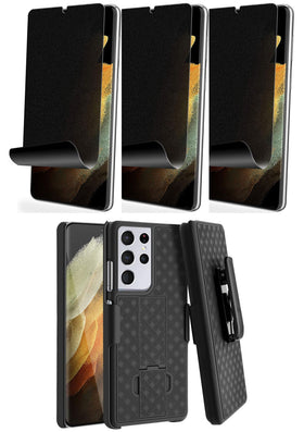 Belt Clip Case and 3 Pack Privacy Screen Protector, Anti-Spy Anti-Peep Kickstand Cover TPU Film Swivel Holster - TNKA85+3Z20