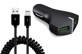Car Charger, Quick Charge Type-C Coiled Cable 2-Port USB 36W Fast - TNKE39