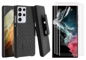 Belt Clip Case and 3 Pack Screen Protector, Fingerprint Works Anti-Glare Kickstand Cover TPU Film Swivel Holster - TNKA85+3Z37