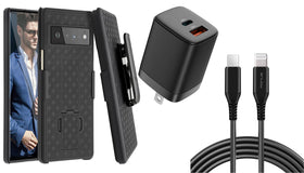 Belt Clip Case and Fast Home Charger Combo, 2-Port Quick Charge Kickstand Cover 6ft Long USB-C Cable PD Type-C Power Adapter Swivel Holster - TNKZ10+G88